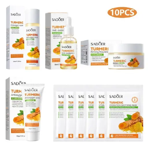 SADOER 10PCS Skin Care Set Turmeric Acne Hydrating Repair Set Face Toner +  Face Serum +  Face Cleanser + Eye Cream + 6PCS  Face Mask